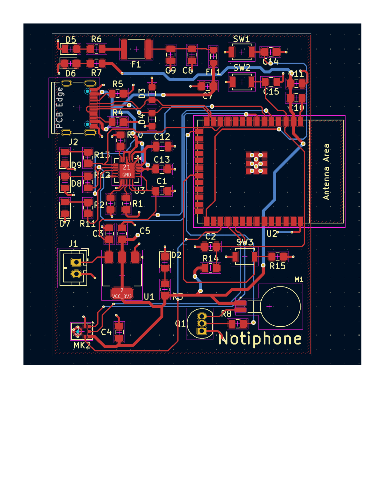 KiCad PCB layout for the Notiphones prototype, showing the ESP32-S3, routed power and signal traces, response controls, motor connection, and antenna keepout