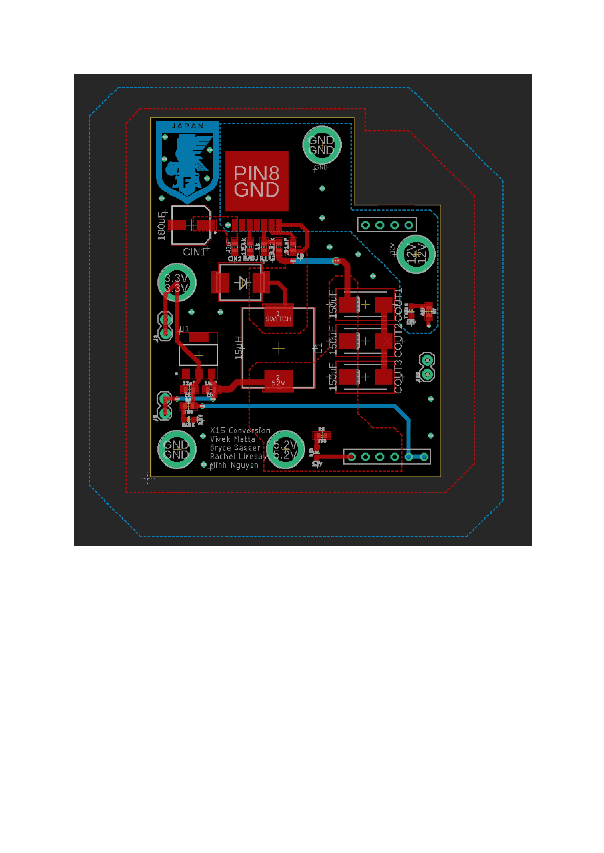 Routed X15 power conversion PCB showing the buck converter, linear regulator, output connectors, test points, ground vias, and stacked-board outline