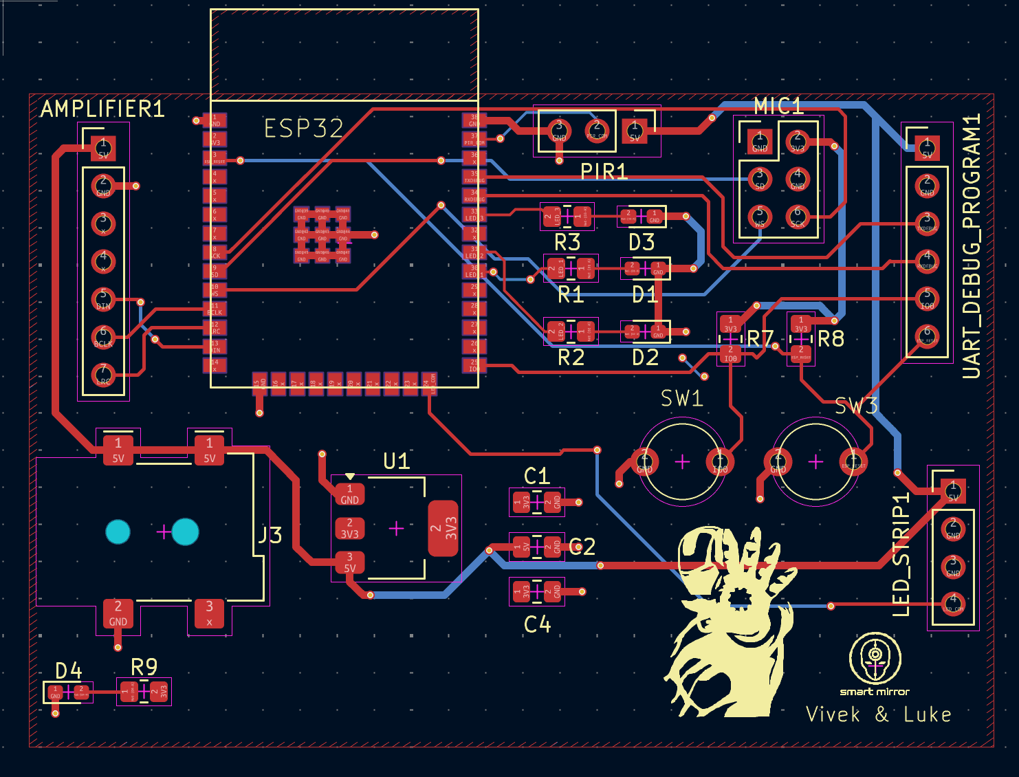 KiCad PCB layout for the Smart Mirror showing the ESP32, amplifier, microphone, PIR sensor, LED and debug headers, power regulation, and routed copper layers