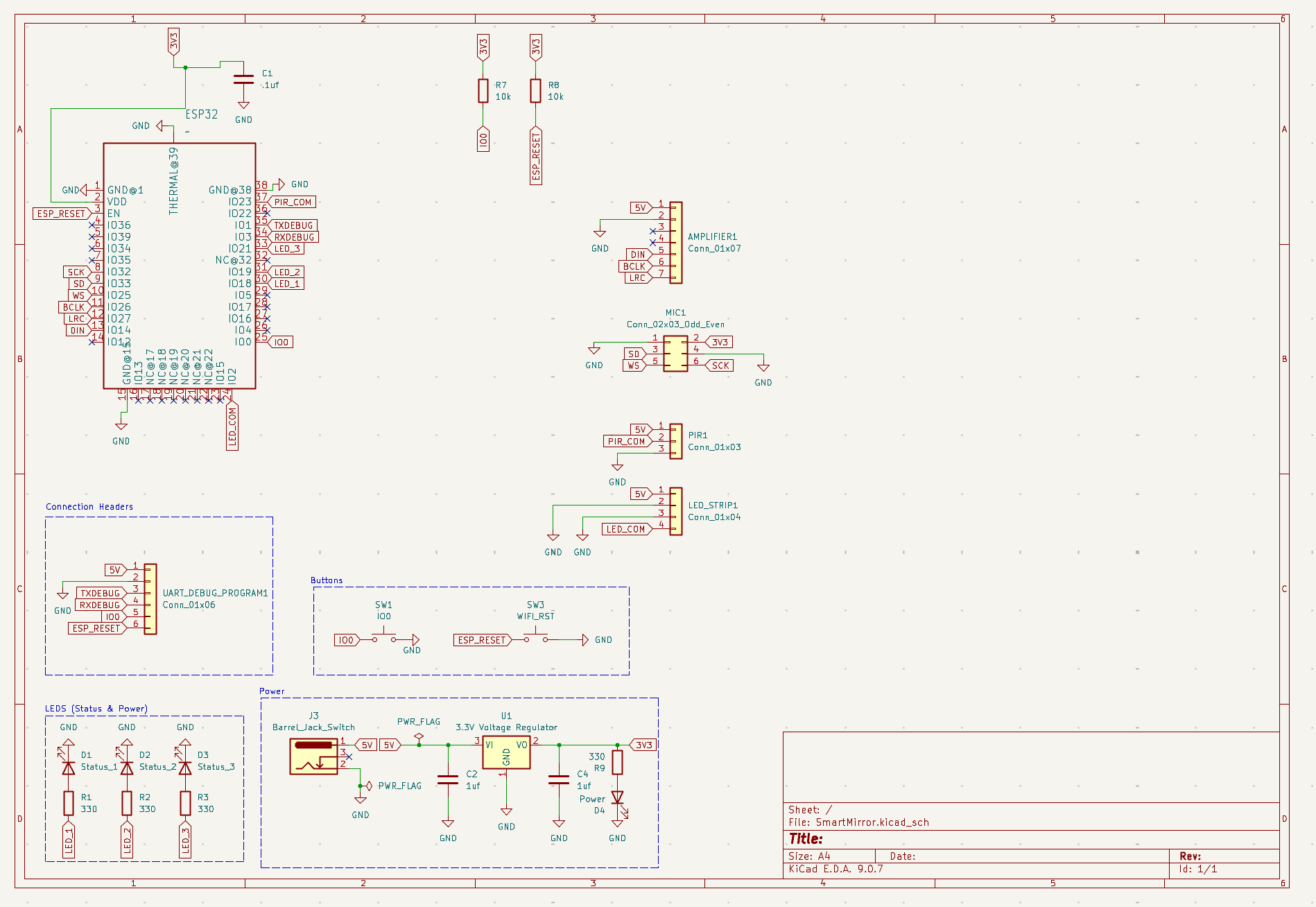 KiCad schematic for the Smart Mirror with ESP32 connections, I2S microphone and amplifier headers, PIR and LED interfaces, status LEDs, controls, and 3.3 volt regulator