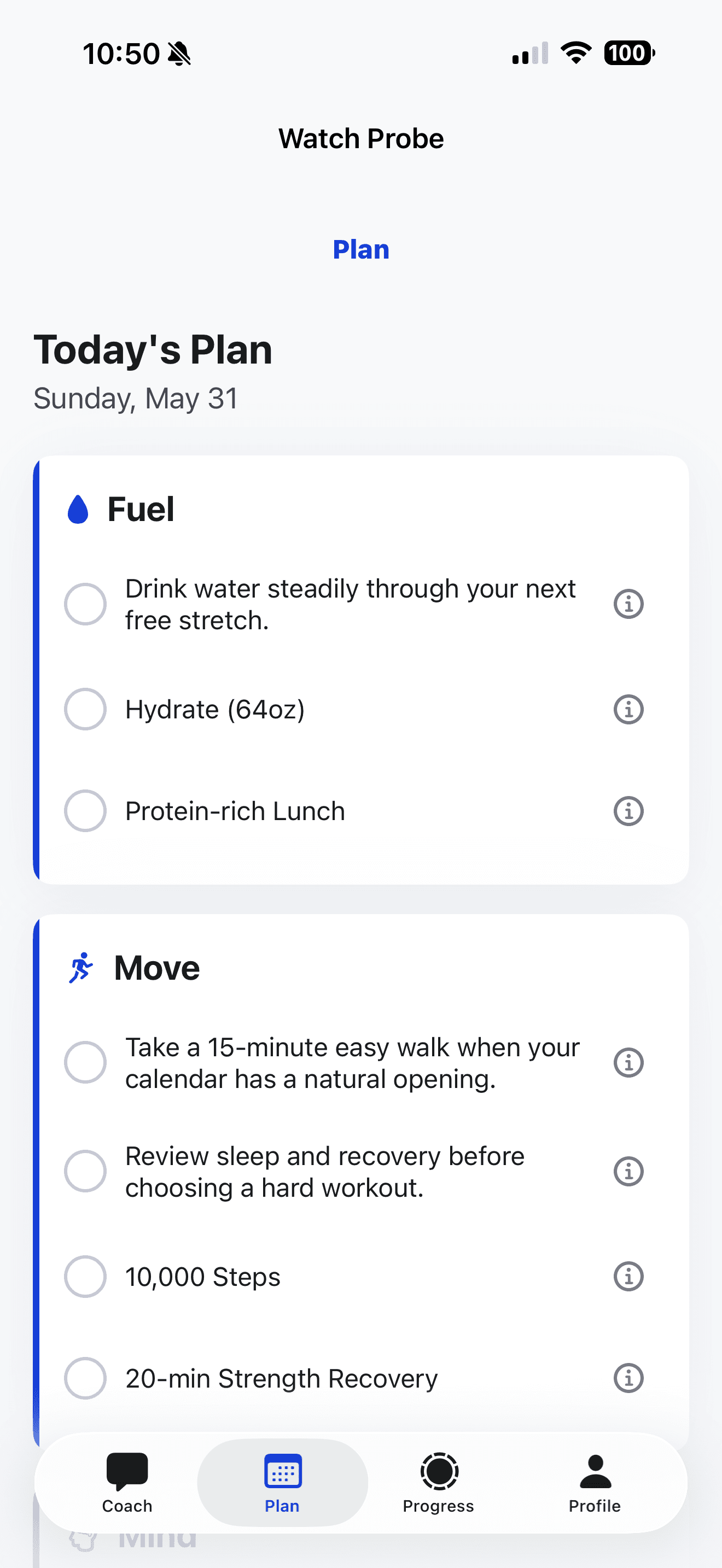 WatchProbe Plan screen with wellness actions grouped into categories including Fuel and Move